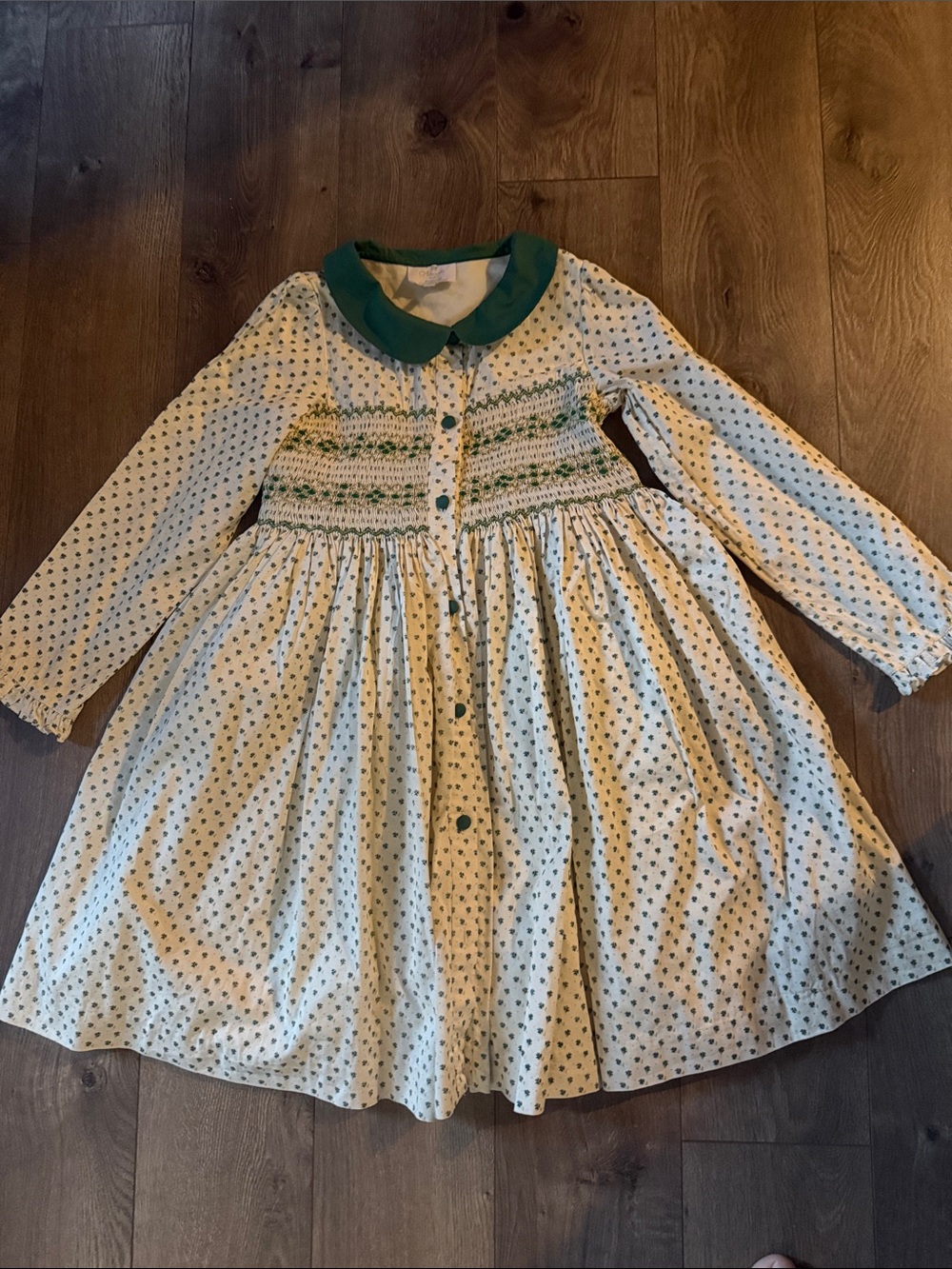 Cream Smocked Kids Dress with Green Collar